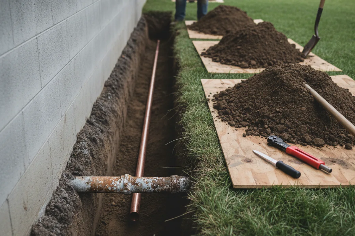 Excavated water line trench during Sewer Line Repair in Loretto